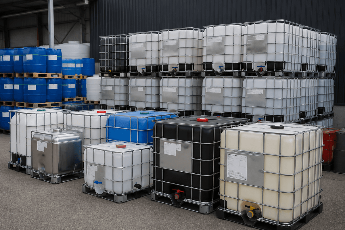 IBC tote yard with white, blue, and black containers staged for reconditioning
