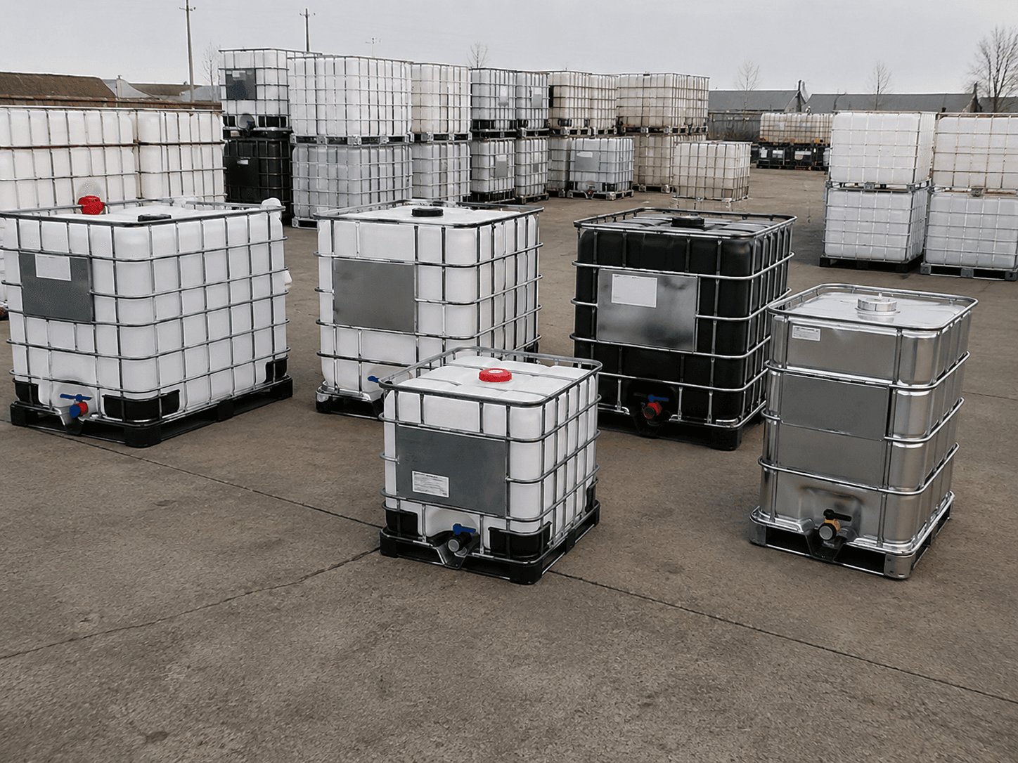 Outdoor yard with different IBC tote types and sizes available for purchase