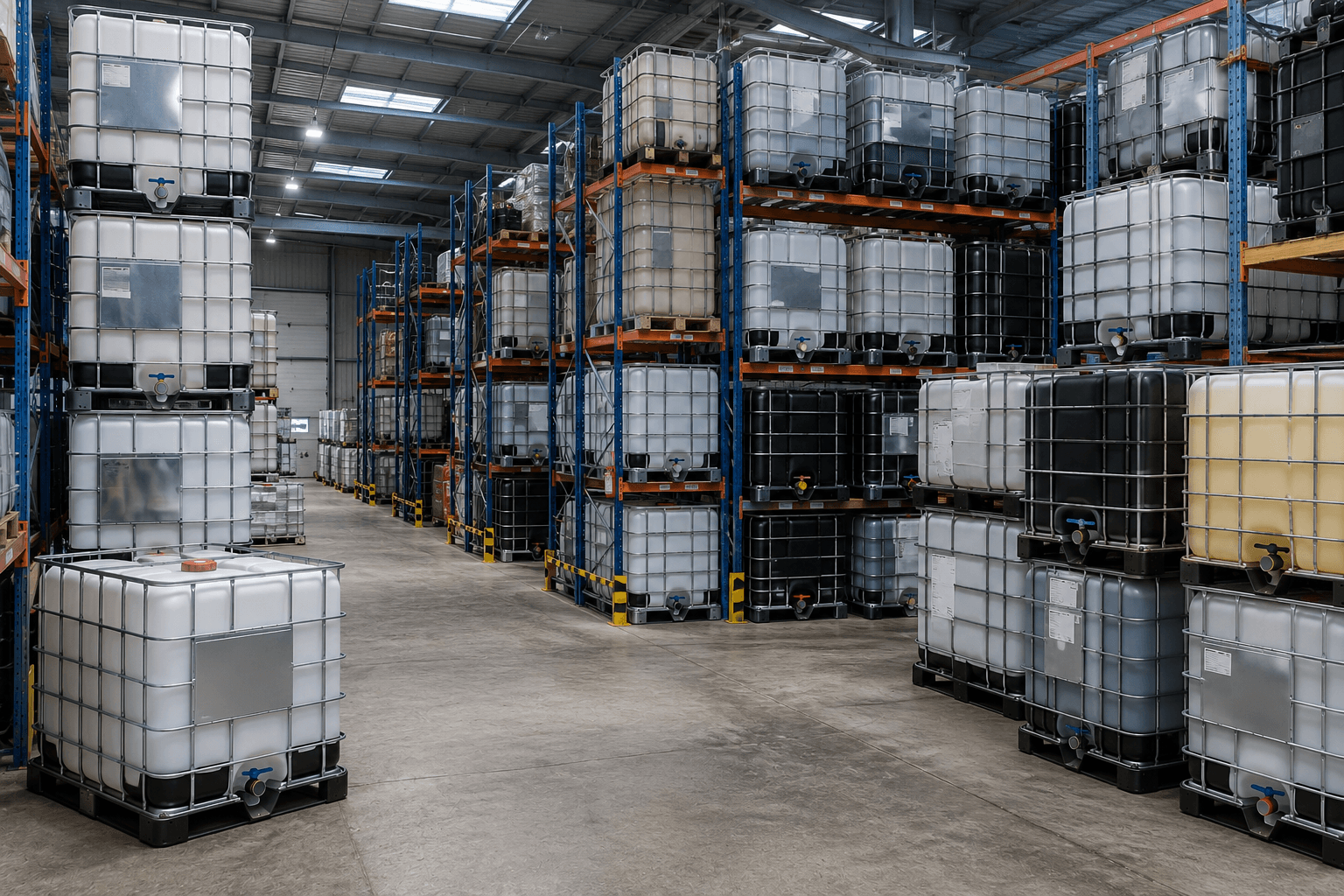 Rochester IBC warehouse interior with IBC totes organized on shelving racks ready for processing and distribution