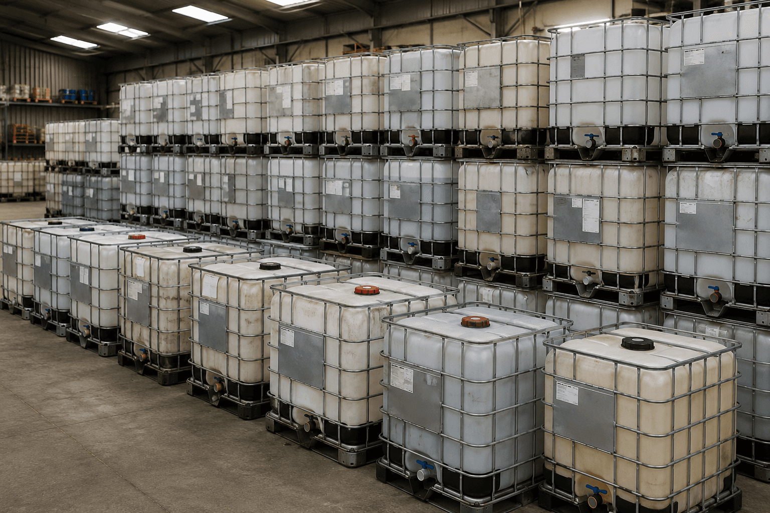 Stacked reconditioned IBC totes in warehouse rows ready for delivery